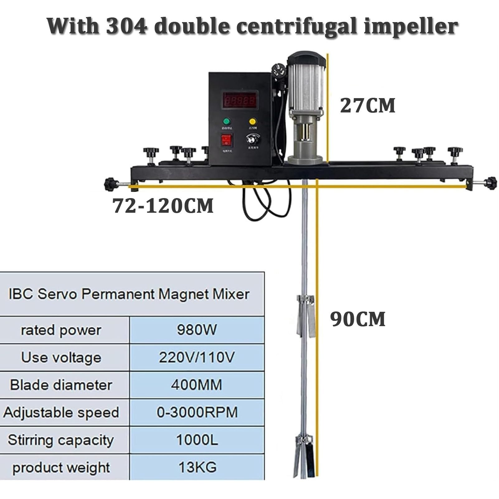 Máquina mezcladora eléctrica de tanque, agitador IBC con varilla y hoja de acero inoxidable, hélice plegable para disolver tinta, potente rendimiento de 980 W