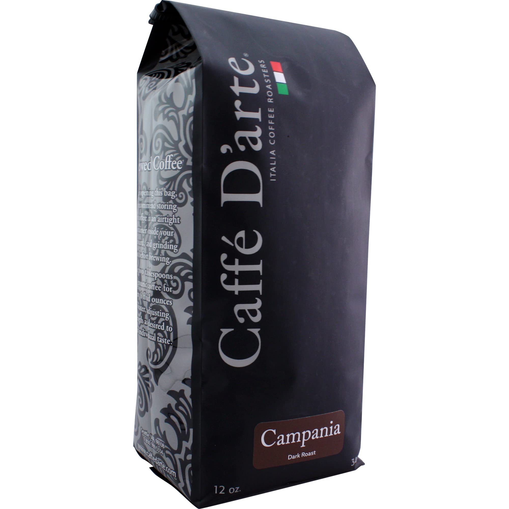 Caffe D'arte Campania Ground Coffee, Dark Roast, Bold & Robust with Chocolate Notes, Fresh Roasted in Seattle, 12 Ounce (1 Pack)
