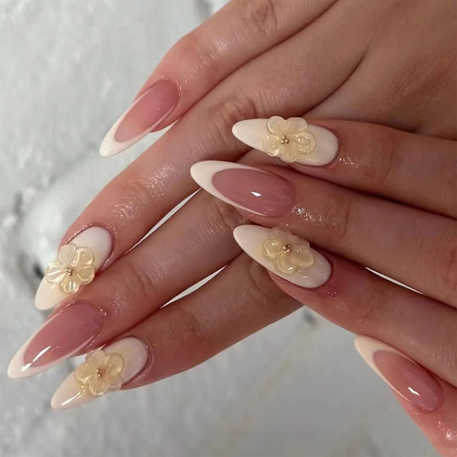 IMRAIN 3D Flower Press on Nails Medium Almond Fake Nails French Tip Yellow Ombre False Nails Full Cover Glossy Acrylic Artificial Glue Stick on Nails