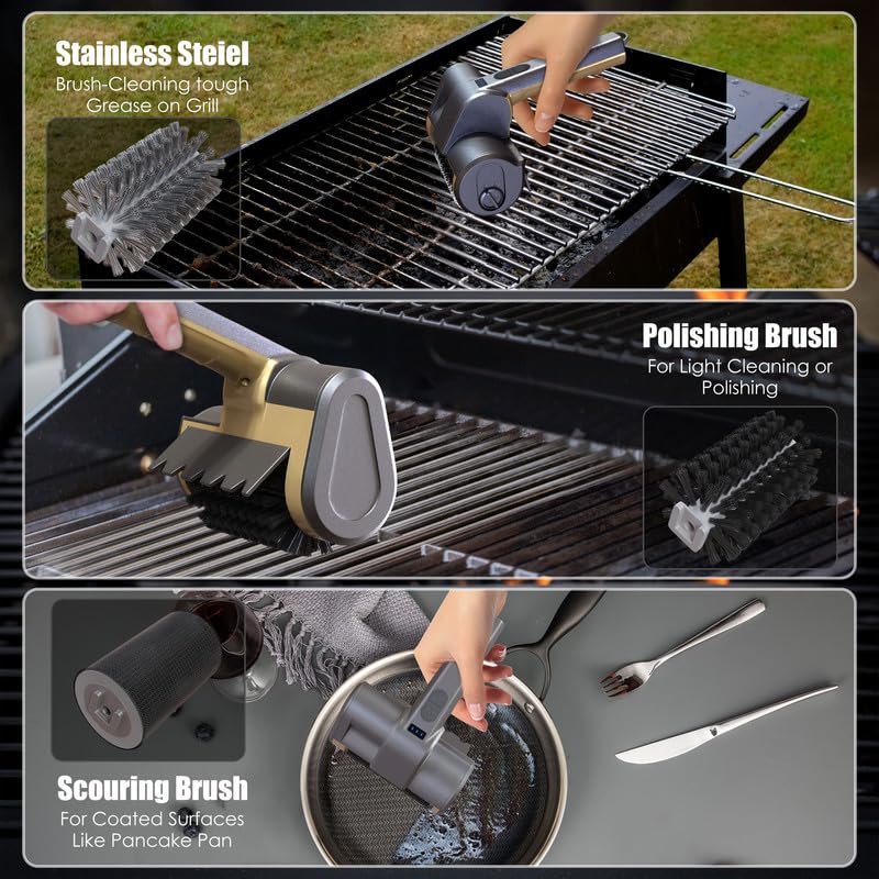 Image of Electric Grill Brush Rechargeable Grill Cleaner with 3 Heads 2 Speed 2000 RPM Torque 80KG BBQ Cleaning Brush with Safety Lock Submersible 304 SS Head Splash-Proof Scrubbe IPX7 Waterproof Silvery Black