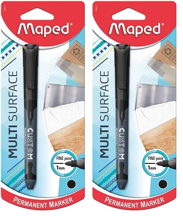 Maped Custom – Rotulador permanente fino negro x1 – Punta fina 1 mm – Multi superficie (Paquete de 2)