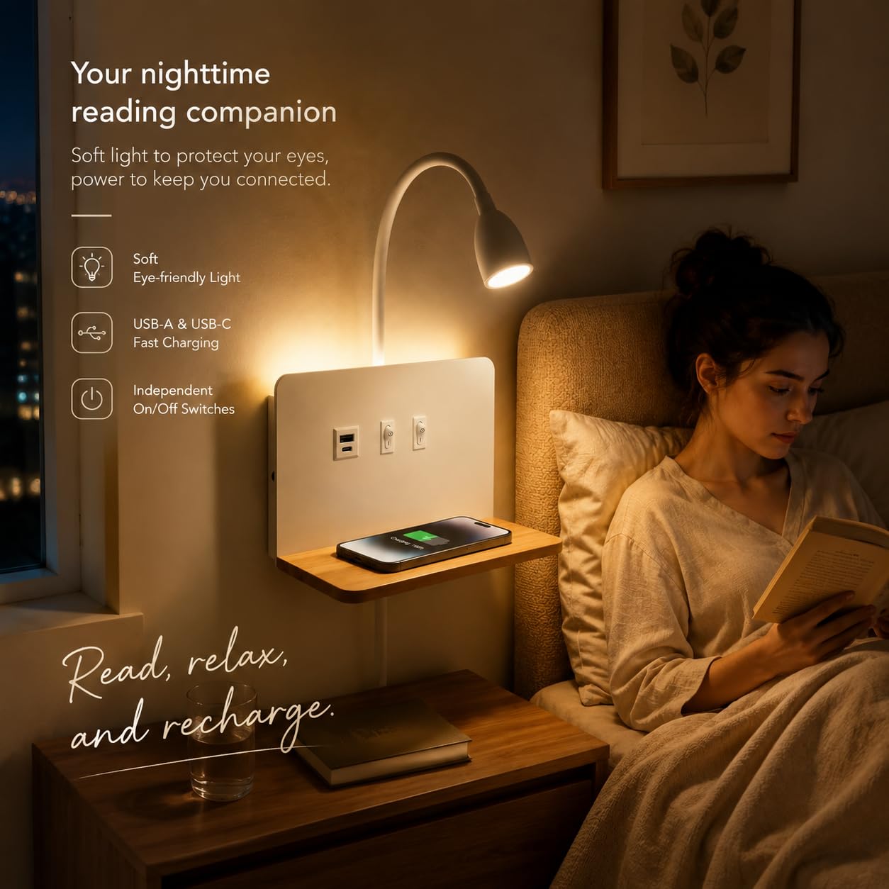 Weiß LED Bett Wandleuchte mit 15W Wireless Charger, USB-C & USB-A Anschluss | 3 Farbtemperaturen LED Leselampe mit Flexibler 360° Schwanenhals, Wandlampe Schlafzimmer mit Ablage, Stecker 1,5m Kabel
