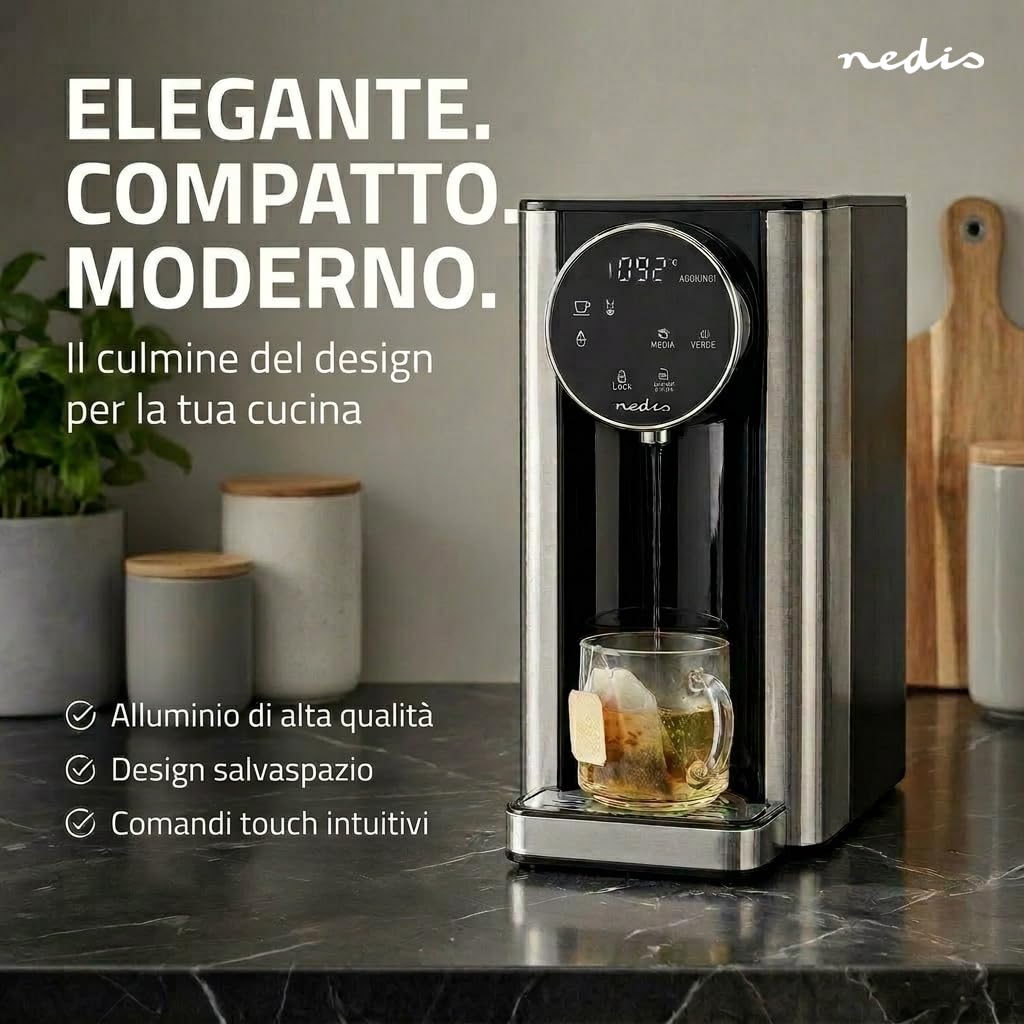 Nedis KAWD310FBK erogatore di acqua calda – serbatoio da 2,7 L – potenza 2600 W – riscaldamento rapido – controllo touch – alluminio/nero