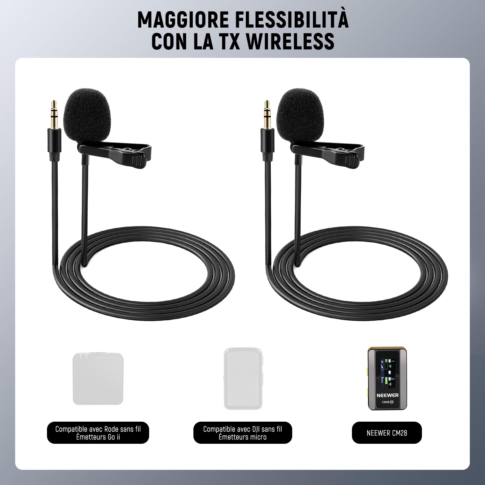 NEEWER CM5 Mic Lav (2pz), Mini Microfono Lavalier a Clip Omnidirezionale a Condensatore con Cavo 1,2m TRS 3,5mm Compatibile con Rode Wireless GO II 2 DJI Trasmettitore Fotocamera, 1 Panno di Pulizia