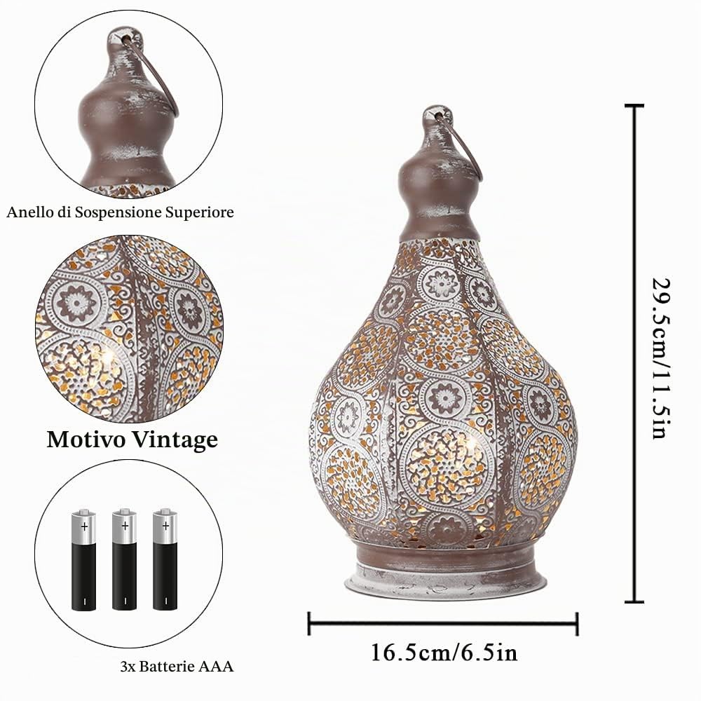 JHY DESIGN Lampada da Tavolo Marocchina Vintage in Metallo Con Lanterna a Batteria Lampade Senza Fili 30cm Lampada da Scrivania Con Lampadina Edison per Giardino Interno Esterno (Foglie di Bambù)
