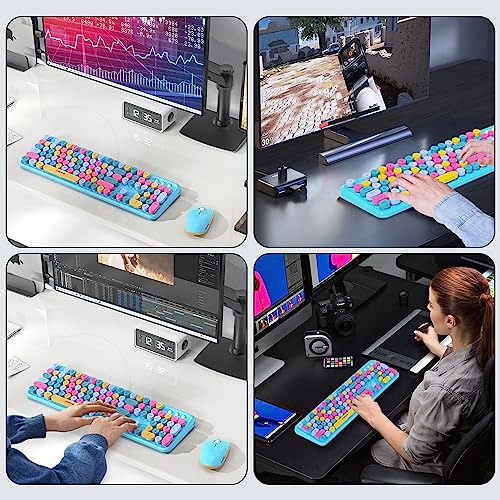 Image of FOPETT Wireless Keyboard and Mouse Combo, 105 Keys Full-Sized 2.4 GHz Round Keycap Colorful Keyboards, USB Receiver Plug and Play, for Windows, Mac, PC, Laptop, Desktop (Blue Colorful)