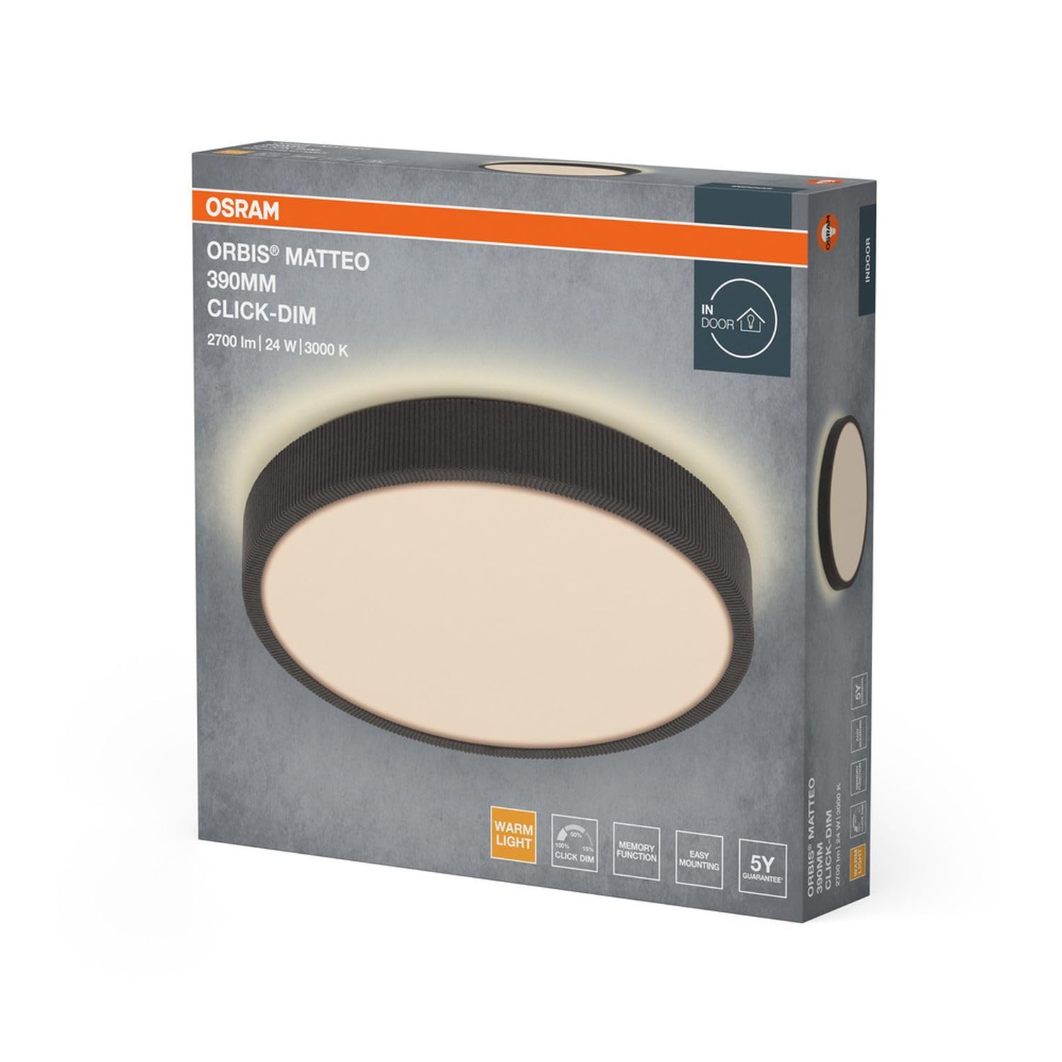 Licht-Erlebnisse LED Deckenleuchte Metall Stoff Grau 3000 K Click-DIM modern gemütlich Schlafzimmer Flur Essbereich Ø39 cm runde Deckenlampe Büro