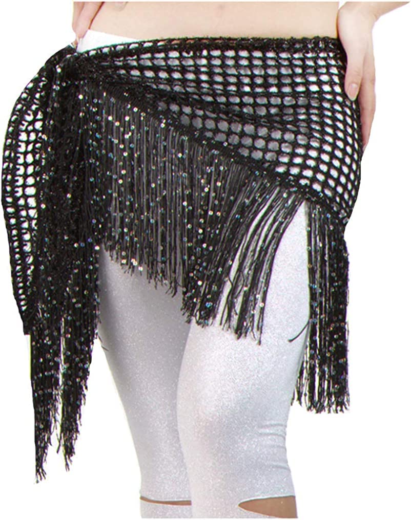 Sxjart Women's Black Belly Dance Hip Scarf Sequins Tassel Wrapped Skirt Waist Chain Tribal Belt,
