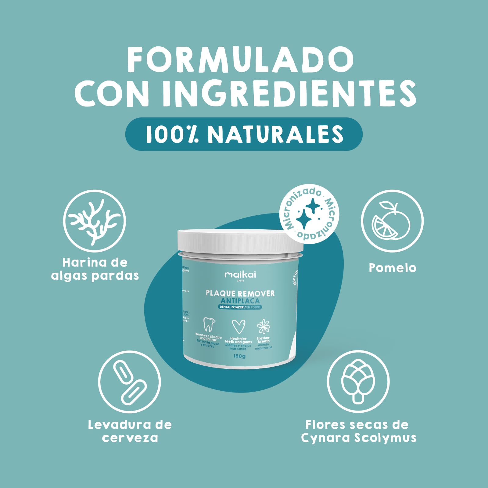 MAIKAI Plaque Remover 150 g – Polvos para Mal Aliento Limpiador Dental para Perros y Gatos Natural – Elimina Sarro Previene Placa Dental + Higiene Bucal Diaria – Algas Antisarro