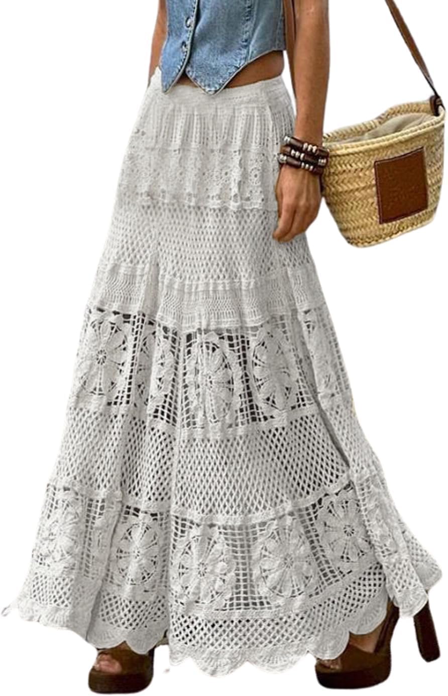 Llecdaseui Women's White Western Floral Lace Crochet Knit Maxi Boho Skirts A-Line Eyelet Hippie Flowy See-Through Long Skirt (,One Size)