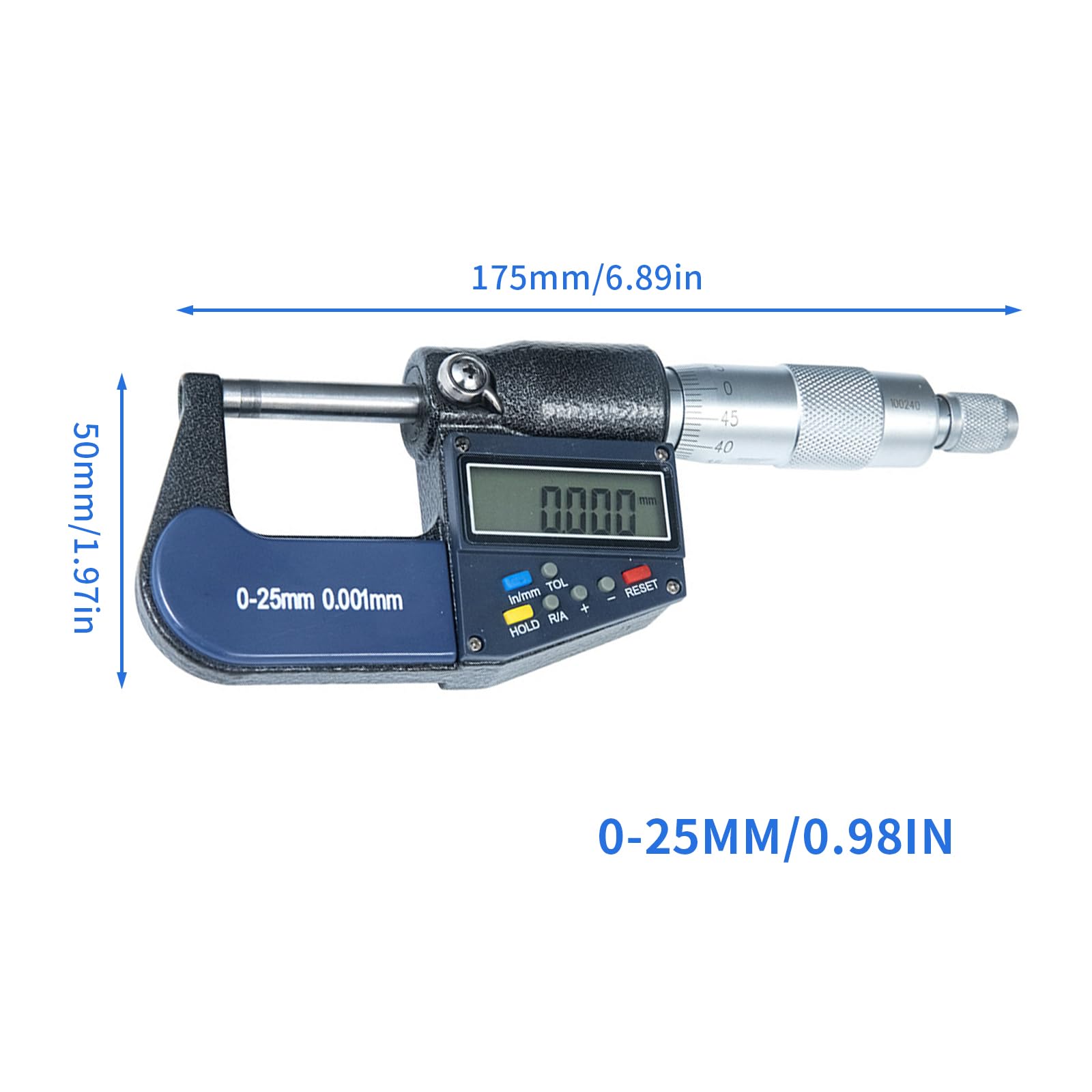 Micrómetro digital exterior con punta de carburo, rango de medición de 0 a 25 mm, precisión de 0,001 mm con tope de trinquete y funda protectora, herramienta de taller de maquinaria de precisión para