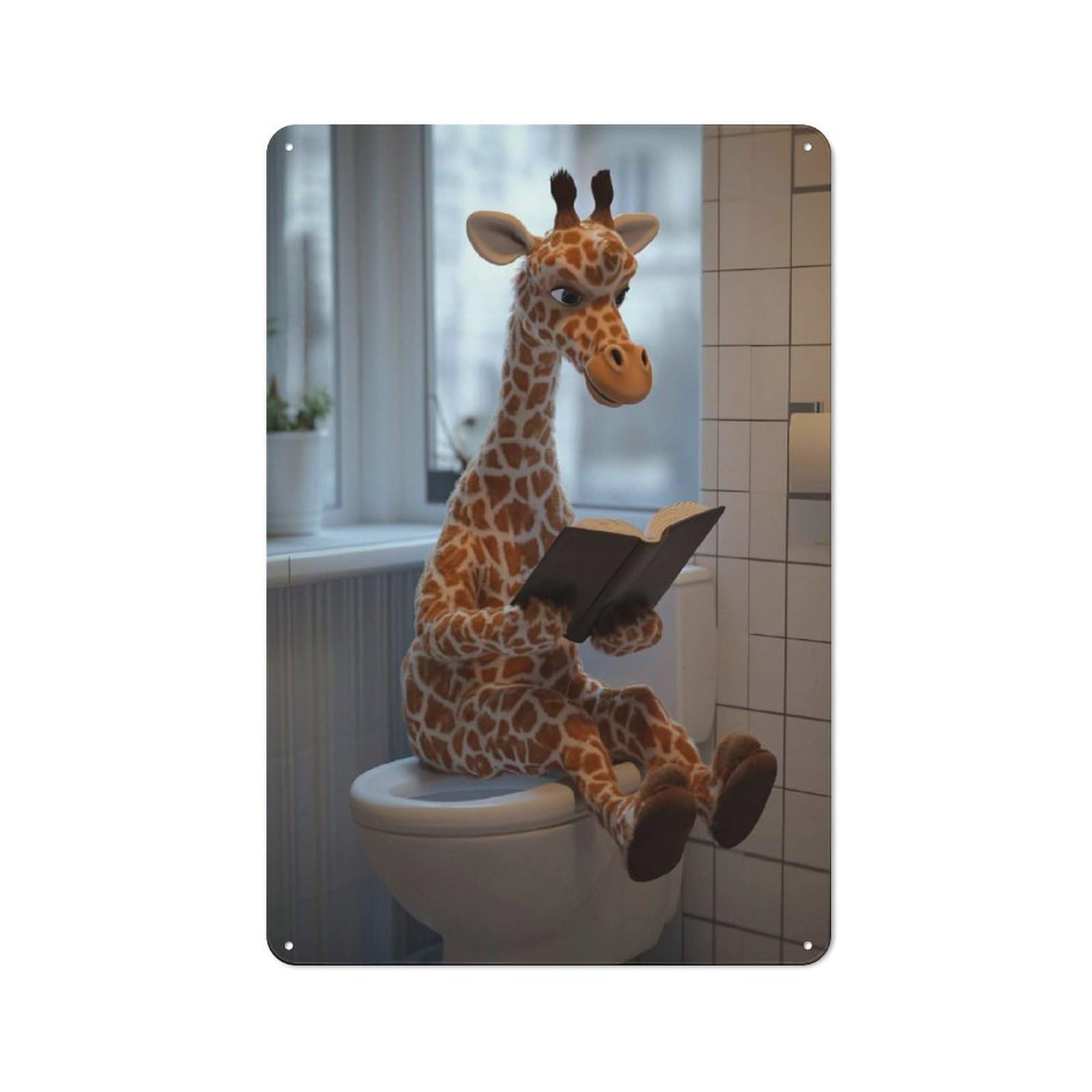 Giraffe Reading on Toilet Metal Tin Sign, Small Wall Accent for Small Toilet, Washroom And Hallway, 30x20cm