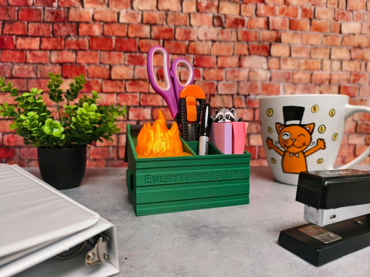 MunnyGrubbers - Dumpster Fire Desk Pencil Holder With USB Rechargeable Multicolor LED Flame & Fidget Racoon - Desk Accessories - Cute Decor - Funny Gifts for Coworker - (DFPH-USB-Green)