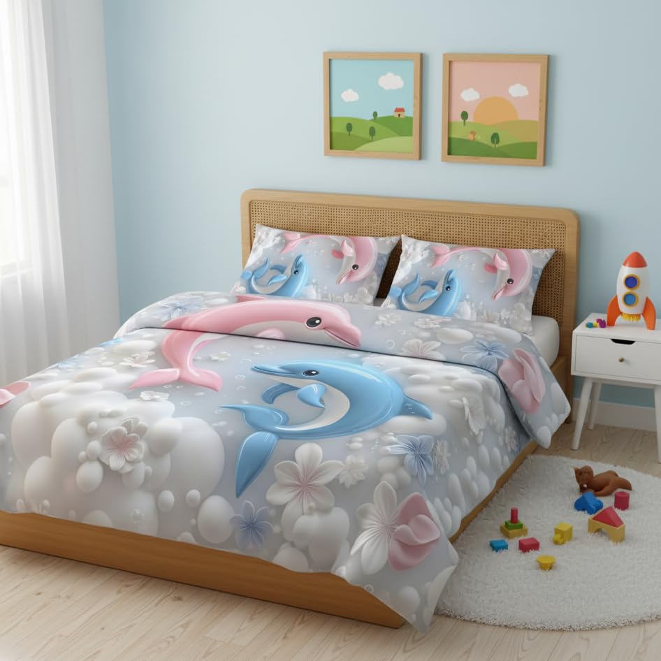 Image of Premium 7D Printed King Size Bedsheet Set with Pillow Covers Soft Cotton Blend Double Bedsheet for Home (Pillow Covers :18x28 inches Bedsheet :90x100 Blue,Pink)