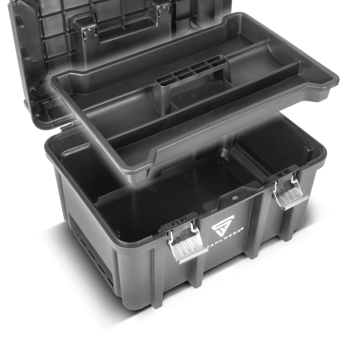 STAHLWERK Werkzeugtrolley mit drei Boxen – fahrbarer Werkzeugkoffer-Trolley mit Rollbrett, Metallverschlüssen und großem Stauraum, flexibles Aufbewahrungssystem für Werkstatt, Garage und Montage