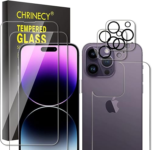 CHRINECY Paquete de 2 + 1 + 2 protectores de pantalla trasera para iPhone 14 Pro Max + 2 protectores de pantalla frontal y protector de lente de