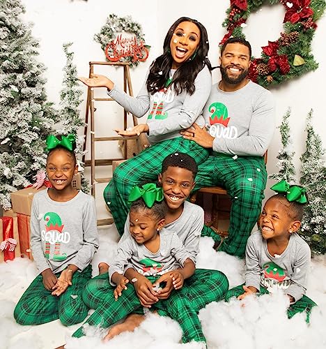 IFFEI Family Christmas Pajamas Matching Sets PJ's Sleepwear Printed Top and Plaid Pants with Pockets2