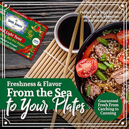 Image of Santo Amaro - Artisanal Wild Tuna Fillets in Olive Oil & Red Piri Piri Pepper, Pole & Line Caught Tuna from Portugal, Hand-Packed Beira-Style Canned Tuna Fish, 22g Protein Keto, Low Mercury, Pack of 6