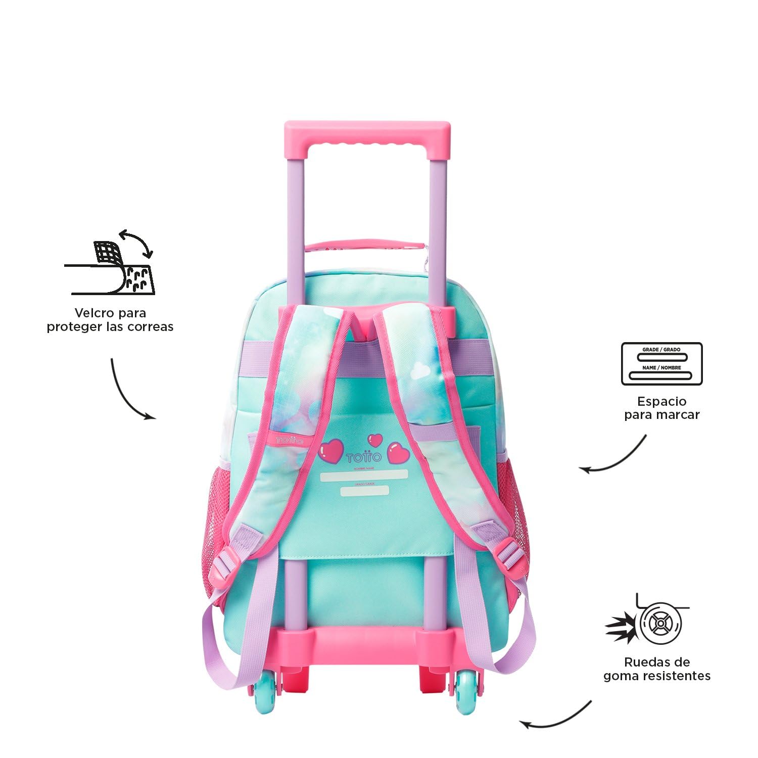TOTTO - Mochila Escolar con Ruedas, Modelo Sweety Heart M, Mochila Mediana, Capacidad 23 L, 2 Compartimentos, 2 Bolsillos Botella, Protección en la Base, Cómodas Correas Ajustables, Color Azul