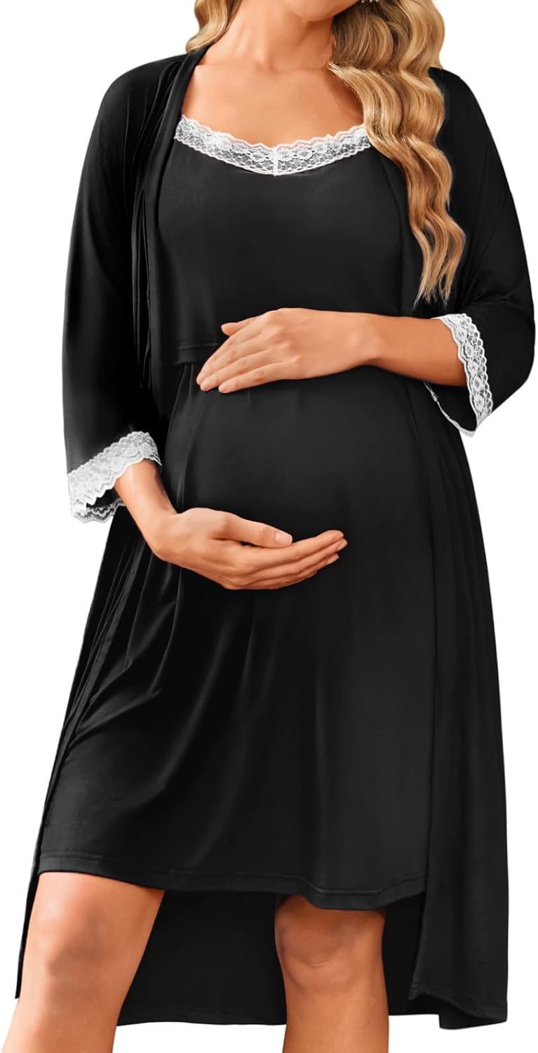 Ekouaer Women Lace Maternity Nursing Gown and 3/4 Sleeve Robe Set Double Layer Breastfeeding Nightgown Slip Dress & Bathrobe