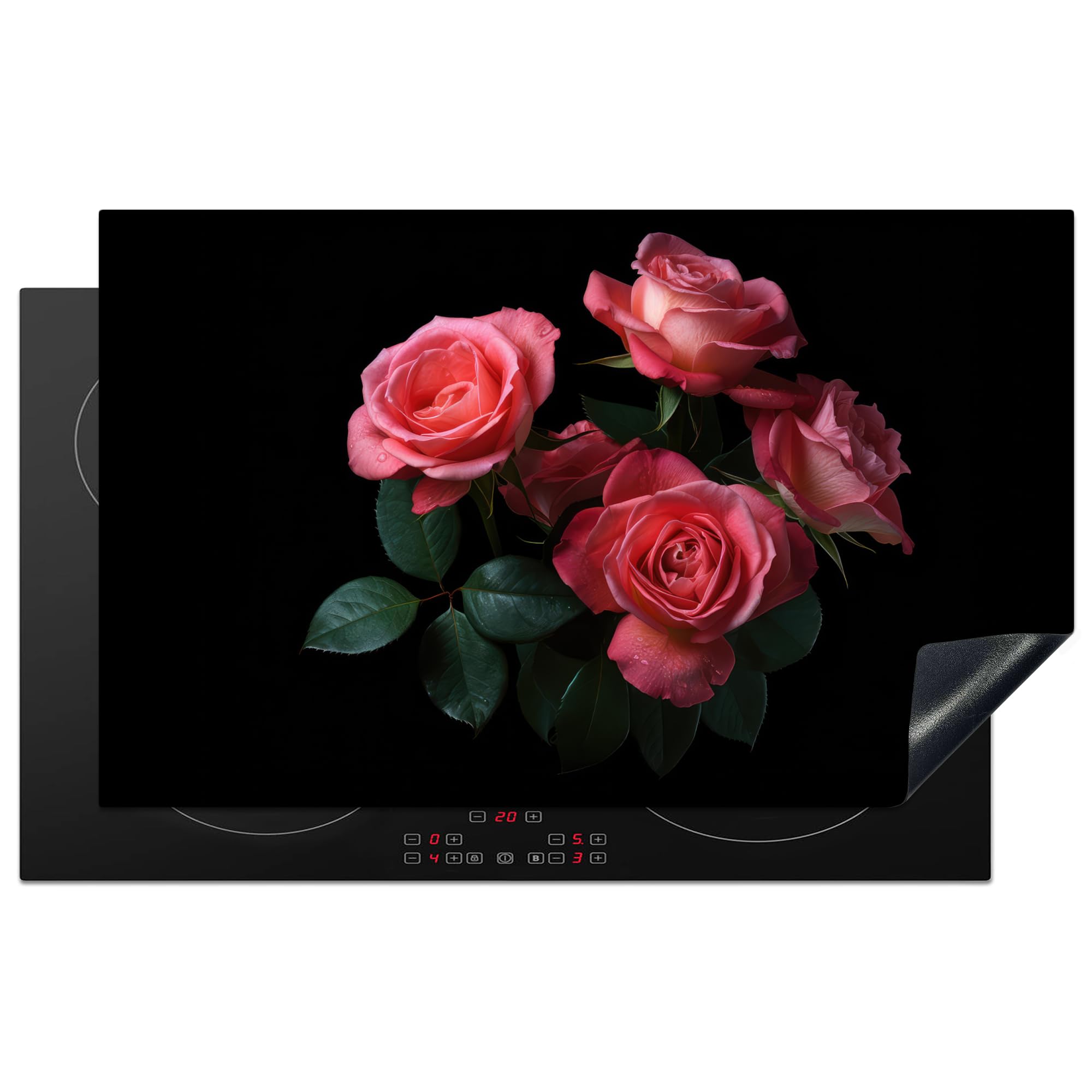 KitchenYeah© Induction Hob Protector Mat 20.3"x32.7" / 83x51.5 cm Stove Cap Top Cover Kitchen Cooker Covers for Electric Hobs Vinyl Roses - Pink - Flowers - Nature - Black — image 1