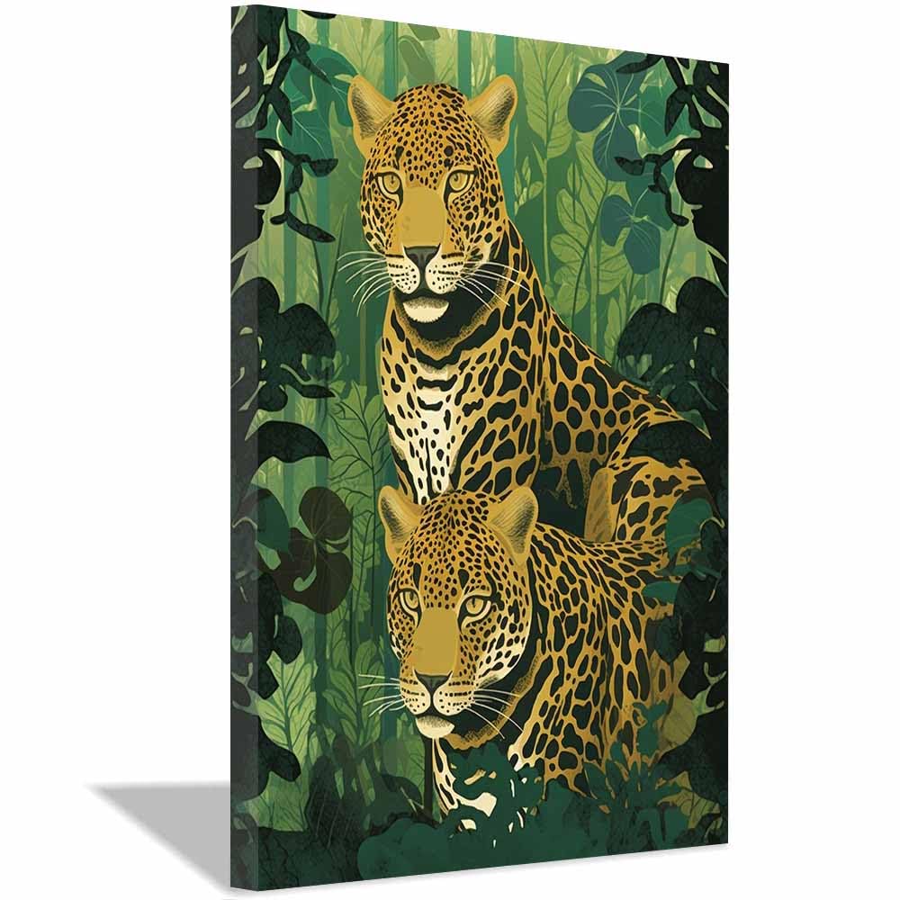 QUSAAOU Foto Con Lienzo Dos jaguares entre follaje selvático LáMinas Decorativas Grandes Para Pared Dormitorio,Arte De Pared De Animales Para Comedor,Pasillo Y BañO（Verde oliva-60x90cm Enmarcado