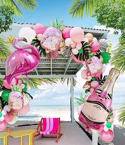 Tropical Flamingo Balloons Garland Arch Kit 135Pcs Pink Green White Balloons Mylar Pink Pineapple Balloons + Palm Leaves For Summer Luau Hawaiian Aloha Bachelorette Party Birthday Decorations #TOP11