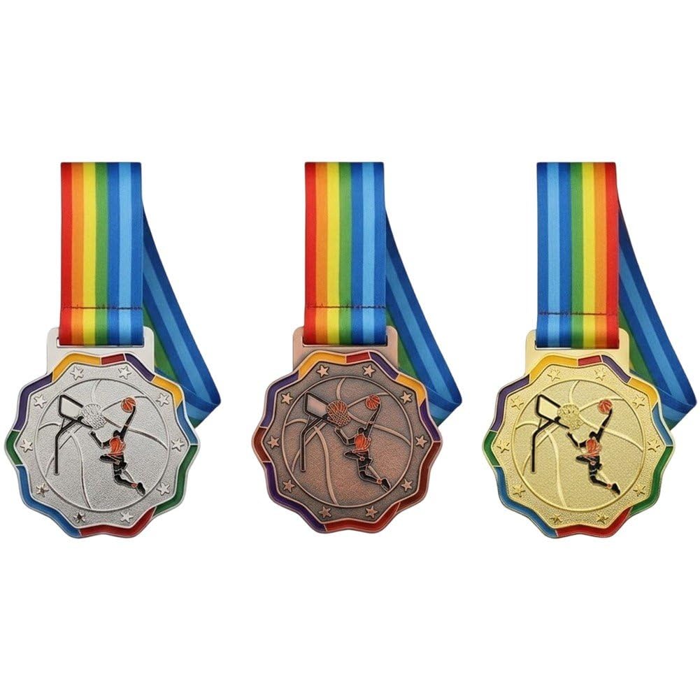 Stakee 3pcs Basketball Award Medals Set with Ribbon Gold Silver Medal Sports Commemorative Medal for Sports Competitions