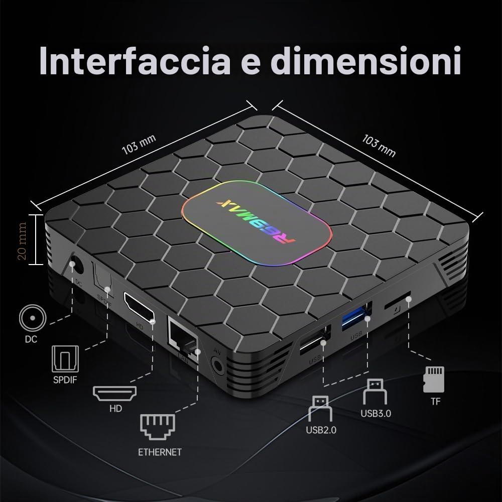 Android 14.0 TV Box, Box TV 4GB RAM 32GB ROM RK3528 Quad-Core Cortex-A53 8K Decoder, supporto 2.4G/5.0GHz Dual Wi-Fi 6 BT 5.0, USB 3.0/2.0, HDMI 2.0 Smart TV Box