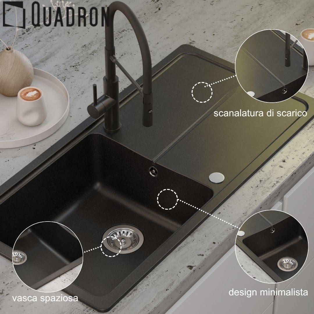 QUADRON NEAL 146 Lavello in granito per cucina, dimensioni: 100 x 50 x 21,5 cm, nero, lavello da cucina a vasca singola Set: lavello in granito + sifone manuale + tappo di copertura