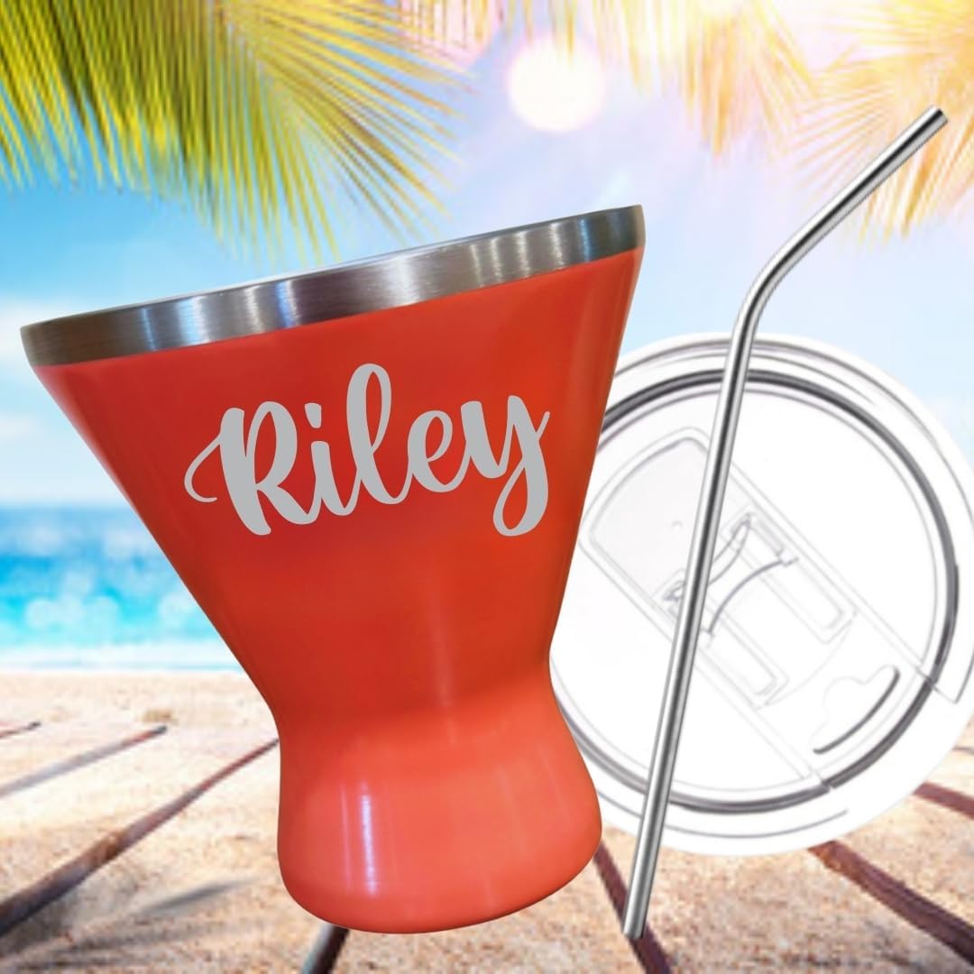Personalized Stainless Steel Insulated Cocktail Tumbler with Lid, 10 oz, Stemless Martini Glass, Wine Glass, Cocktail Tumbler, Laser Engraved with Name - 4 Color Choices (Bright Coral)