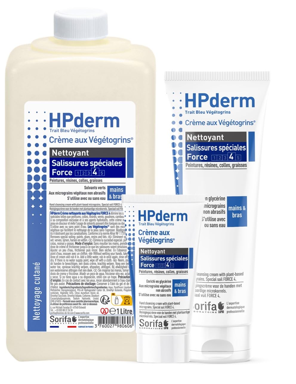 HPderm Crème nettoyante Force 4 - Mains et bras – Graisse, peinture, encre, mastic, goudron, colle, mousse - Sans savon – Flacon 1L.