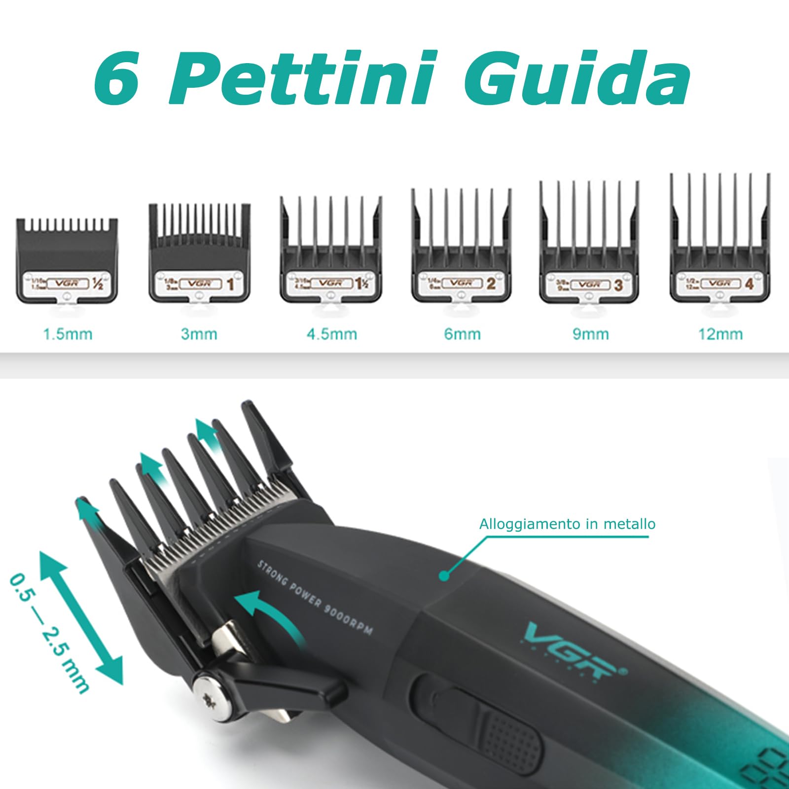 VGR Tagliacapelli Uomo Professionale Taglia Capelli Elettrico Senza Fili Kit Barbiere Macchinetta per Capelli 9000 Giri/min Set Taglia Barba e Capelli Uomo Senza Fili Ricaricabile, 9 Pettini Guida