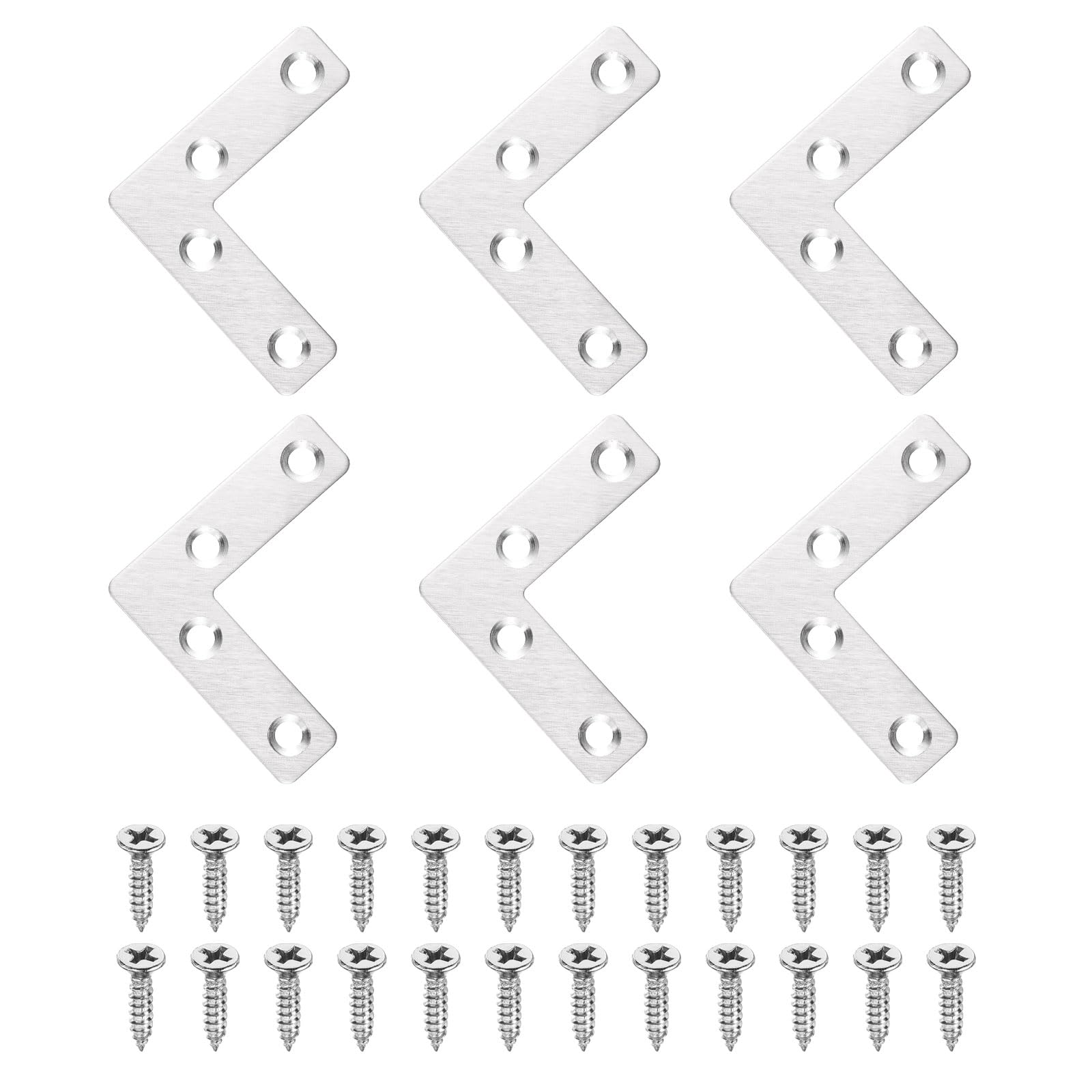 sourcing map 6Pcs l Shape Flat Bracket, 50mm x 50mm Metal Flat Corner Bracket Right Angle Corner Brace Mending Plate with Screws for Wood Frame Furniture Fixing Joining, Silver