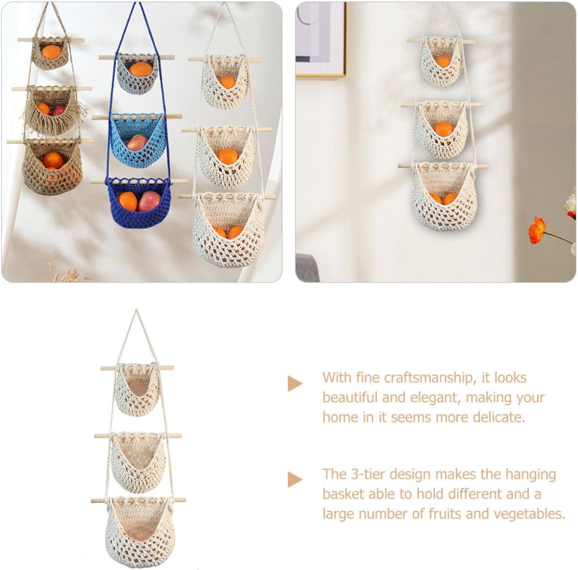 Hanging Fruit Vegetable Basket, 3-Tier Kitchen Storage Organizer, Hand-Woven Cotton Rope, Wall-Mounted Hanging Basket for Kitchen and Home Food Storage