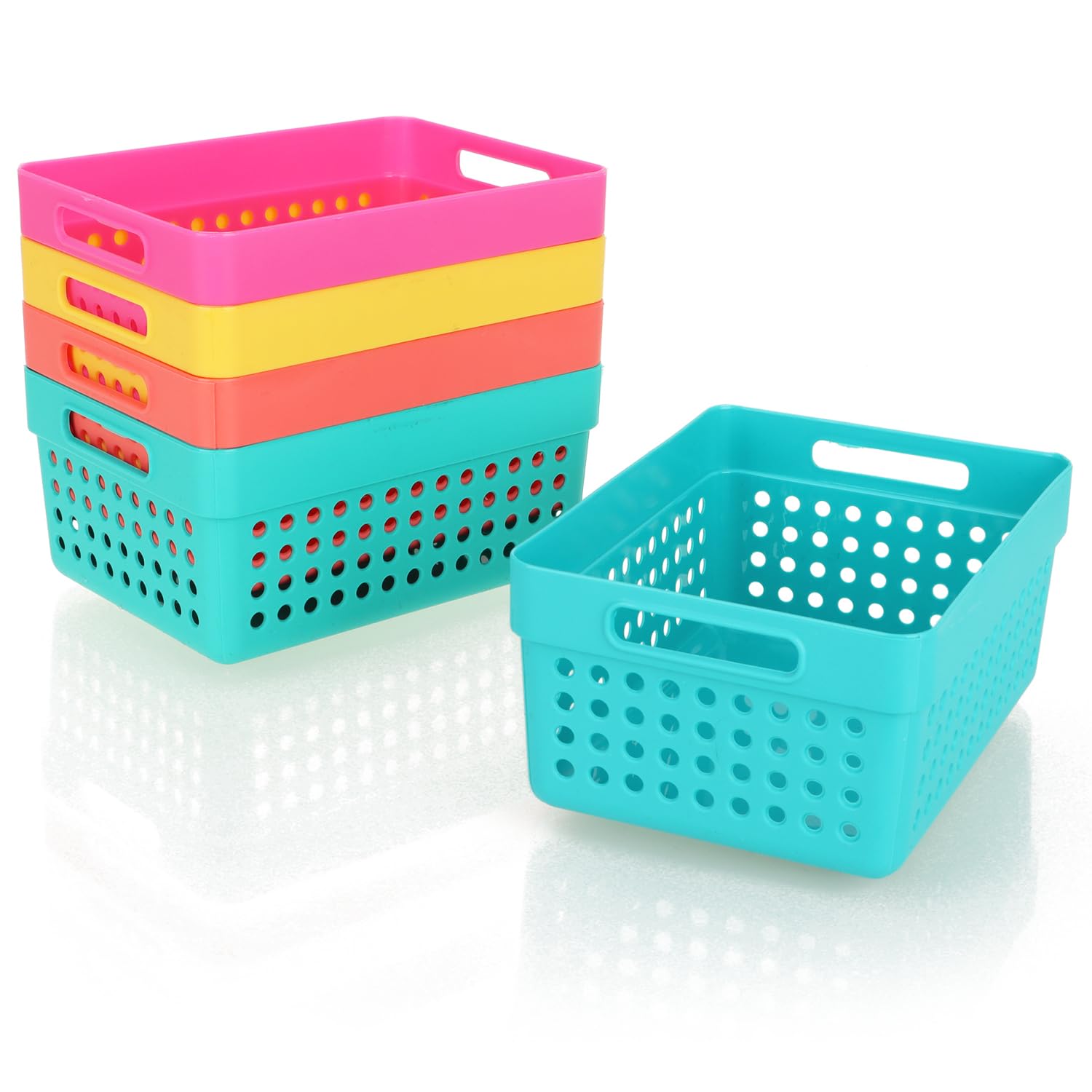 COM-FOUR® 5 x Storage Baskets – Decorative Baskets with Side Handles – Plastic Boxes for Cosmetics and Household Products – Stackable Organizers in 5 Colours (Colourful – 5 Pieces)