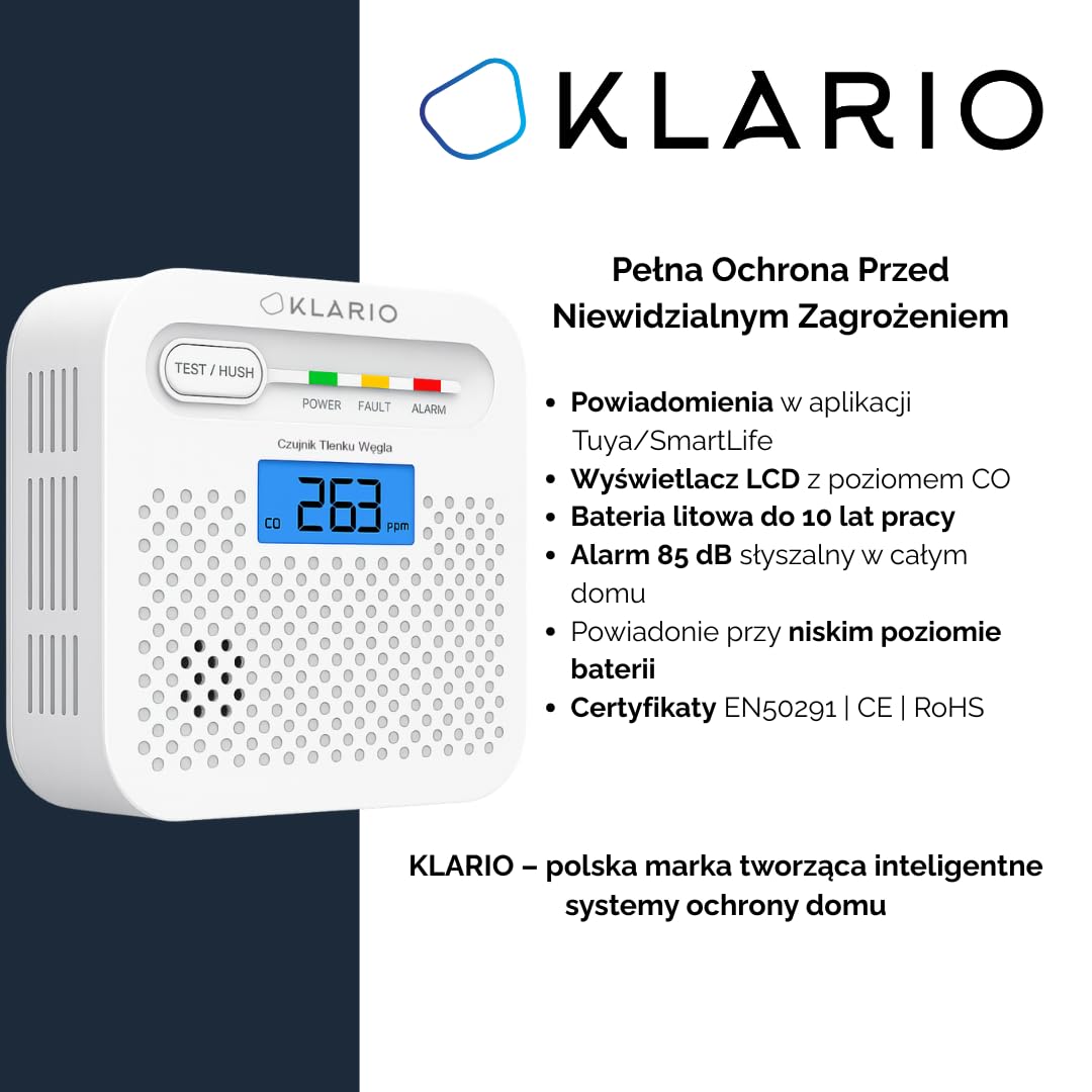 Czujnik Czadu Tlenku Węgla CO WiFi z Aplikacją Tuya SmartLife, Bateria 10 lat, Alarm 85 dB Wyświetlacz LCD Certyfikat EN50291 Bezprzewodowy Detektor CO do domu i mieszkania KLARIO