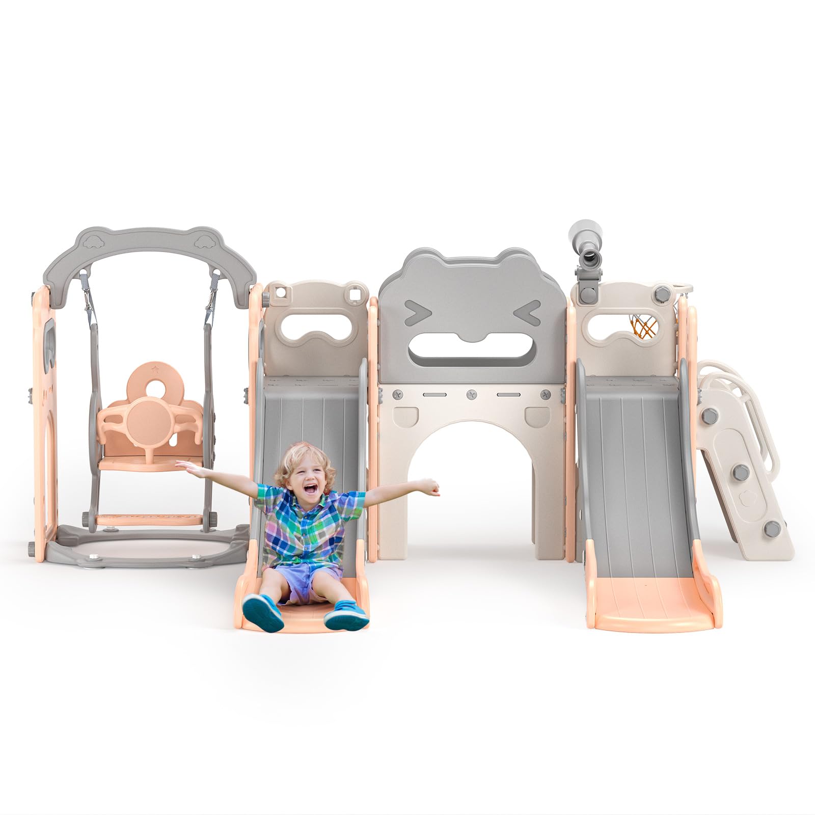 Tobogán Columpio,tobogán y Columpio 8 en 1 para niños pequeños con aro de Baloncesto,Estructura de Escalada para jardín,telescopio, Almacenamiento, 2 toboganes Extra Largos de 2100 mm