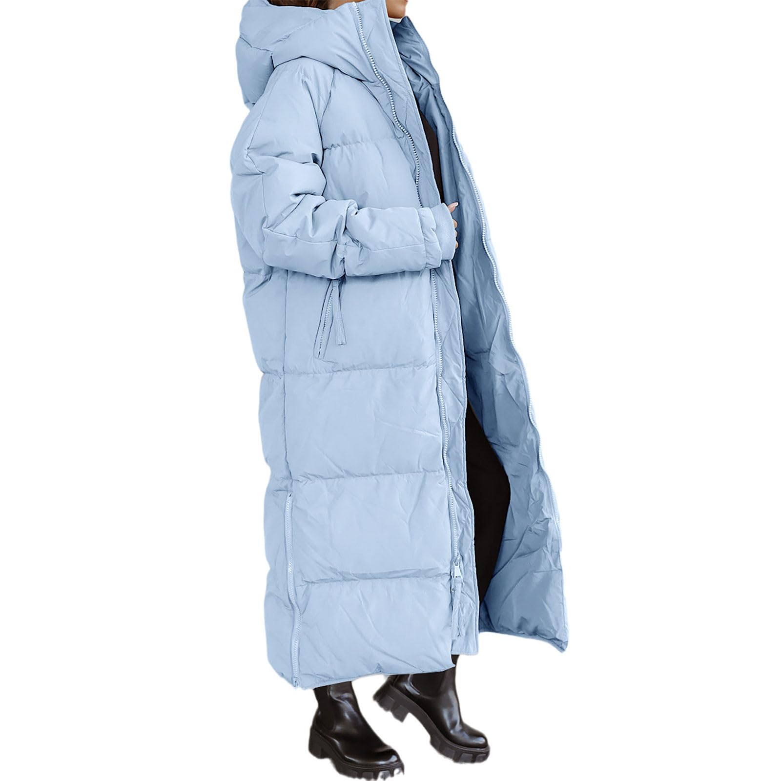 FUPODD Wintermantel Damen Lang Mit Kapuze Daunenmantel Damen Dicke Winterjacke Damen Warm Gefüttert Daunenjacke Frauen Winter Steppmantel Damen Lang Reissverschluss Daunenjacken Winddicht Wanderjacke