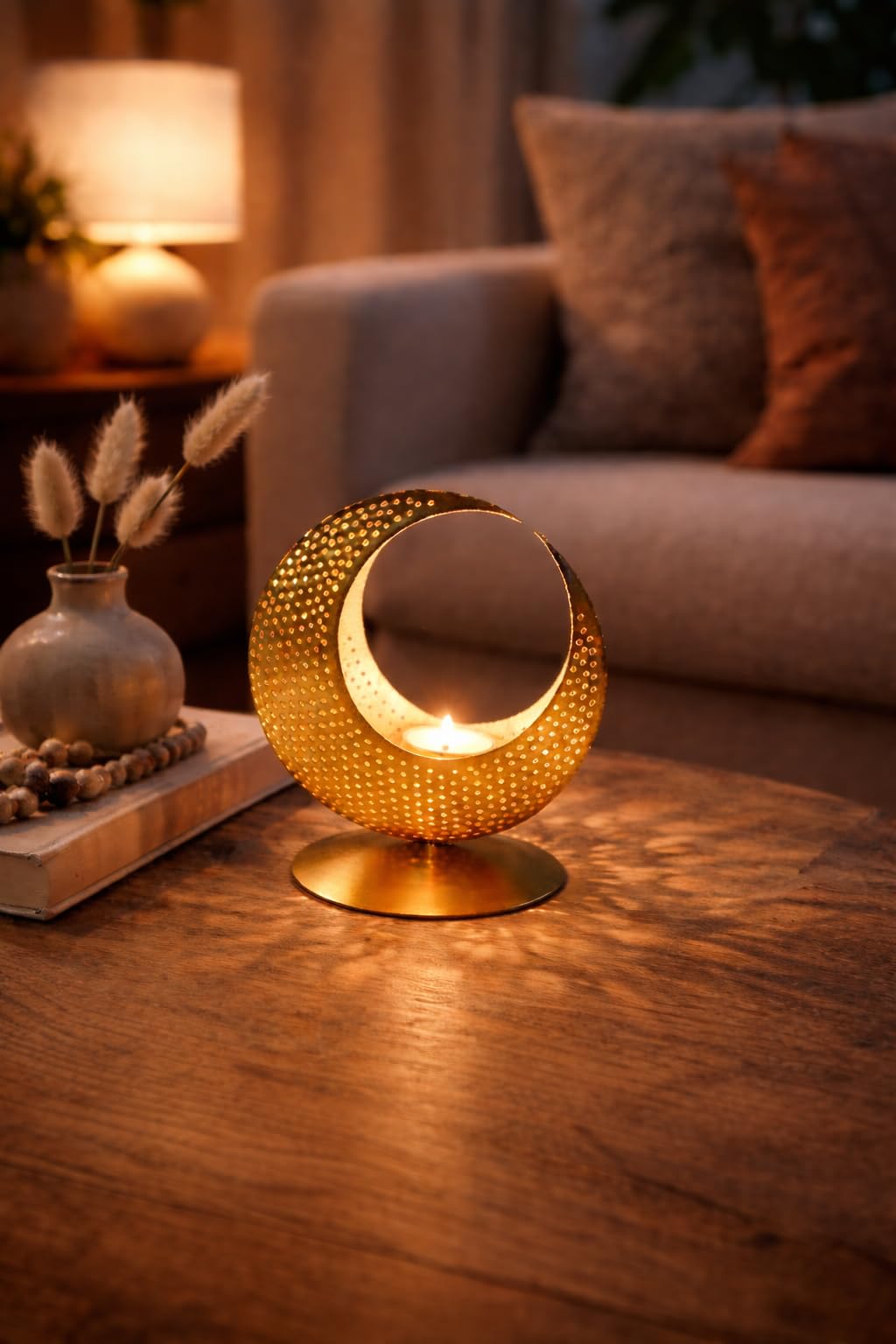 K.N Creation Moon Tealight Candle Holder Moroccan Iron Table Top Lamp Lantern for Home Decoration Eid Ramadan Decoration Items, Diwali Décor, Festival Lamps for Balcony (Moon T Light)