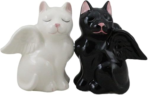 Ebros - Juego de salero y pimentero de cerámica en blanco y negro con alas de ángel y gatos de diablo o ángel, figuras de San Valentín, gato,