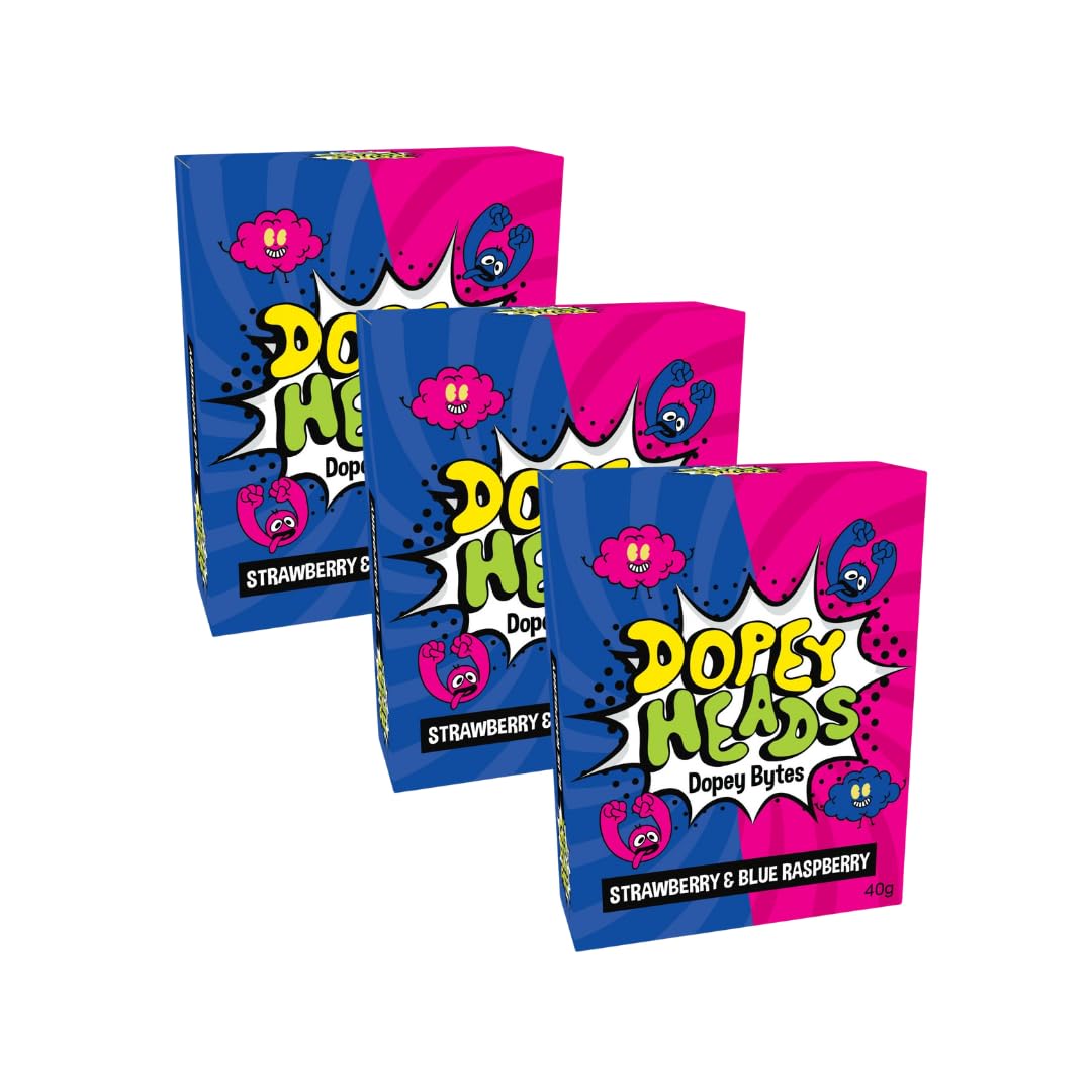 Dopey Heads | Dopey Bytes | HALAL | Crunchy Bytes | Blue Raspberry | Strawberry | Tiny Candy | Pack of 3 | Weight 40g (1.41 oz) Each - Strawberry & Blue Raspberry