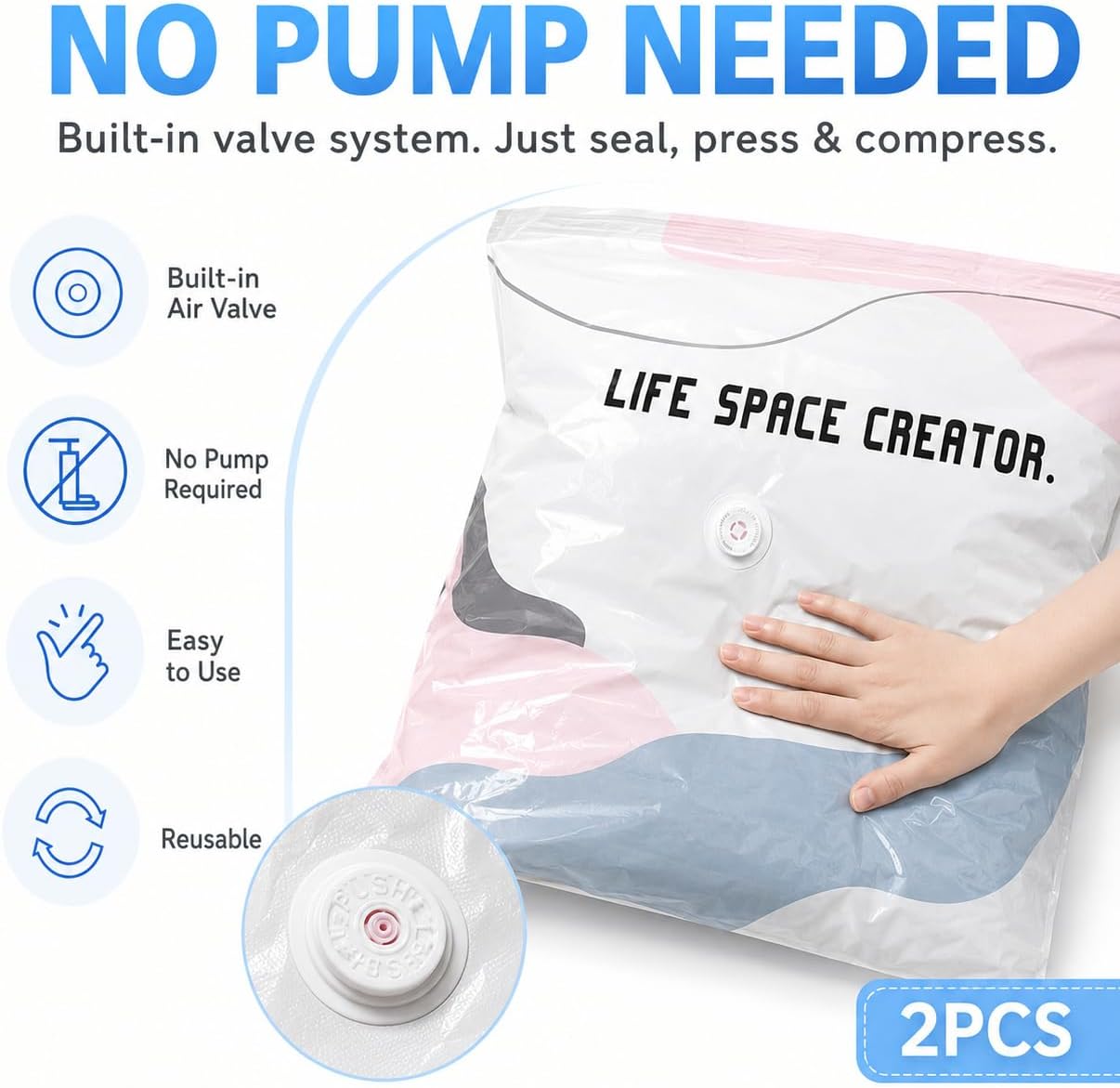 Pump-Free Vacuum Storage Bags, 2-Pack, 19.6 x 27.5-Inch Compression Bags for Clothes, Duvets, Blankets, Pillows, and Bedding, Reusable Space-Saving Storage Bags