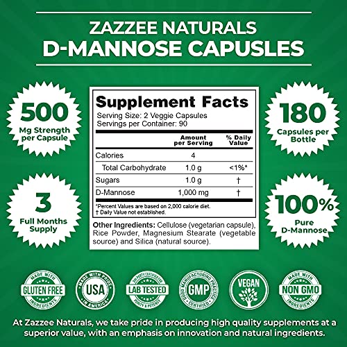 Zazzee D-Mannose 180 Vegan Capsules, 1000 Mg Per Serving, Pure, Potent And Fast-Acting, Extra Strength Dosage, Vegan, Non-Gmo And All-Natural #TOP1