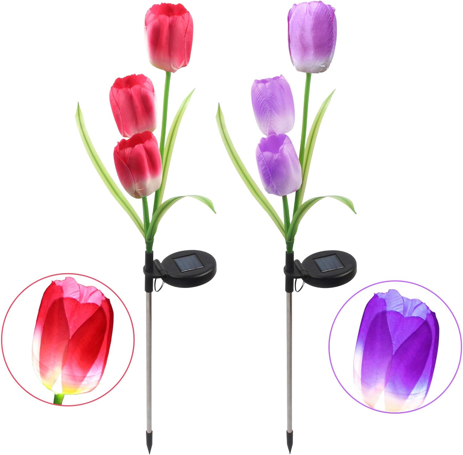 AHNNER Christmas Decoration Solar Outdoor Lights Solar Flowers IP 65 Waterproof Solar Landscape Lights Garden Decor for Outside 2 Pack (Tulip - Red & Purple)