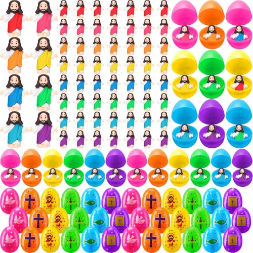 Barydat 120 Pcs Prefilled Jesus Easter Eggs with Little Religious Figurines Resin Toys Miniature Jesus Doll Gifts Eggs for Sunday School Easter Hunt Party Baptism Gift (Religious)
