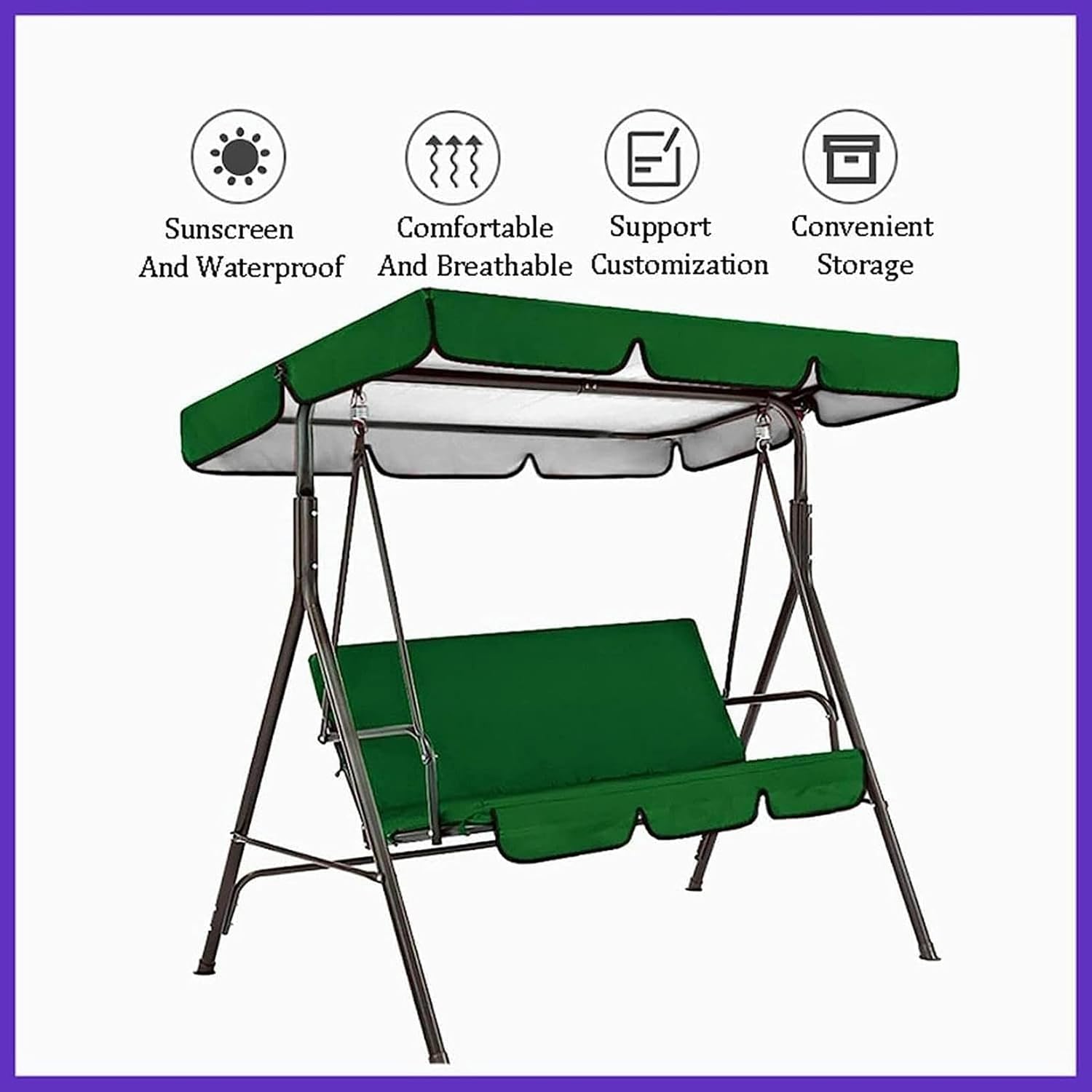 Patio Swing Canopy Waterproof Sunscreen Top Cover Set,Outdoor Swing Canopy Replacement Cover & Swing Cushion Cover 2/3 Seater for Patio Swing Garden Swing(Black,Top 190 * 132 * 15cm)