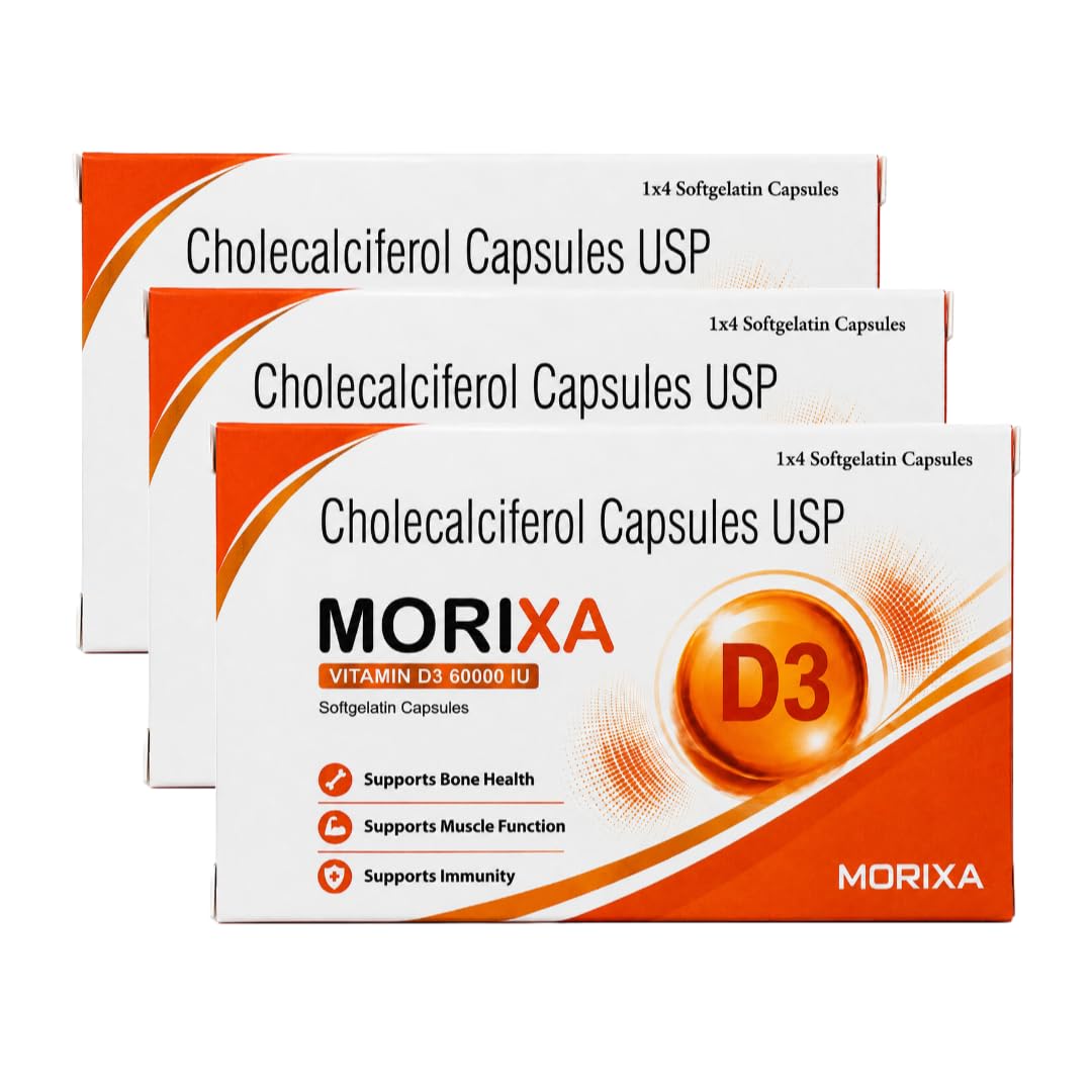 MORIXA D3 60000 IU Vitamin D3 Softgel Capsules | 3 Strips x 4 Capsules | 12 Capsules | Vitamin D3 Supplement for Bone & Muscle Support