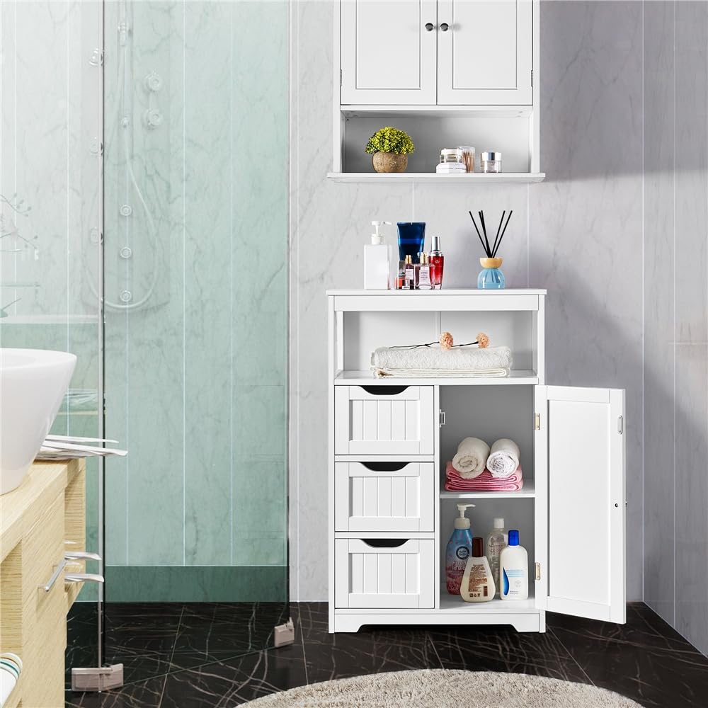 Yaheetech Mueble Baño de Madera Armario Baño con Cajón y Estante Ajustable Mueble Auxiliar de Cocina Armario Multiusos con Puertas Dobles para Salón Entrada Blanco 55,5x29,5x86,5 cm
