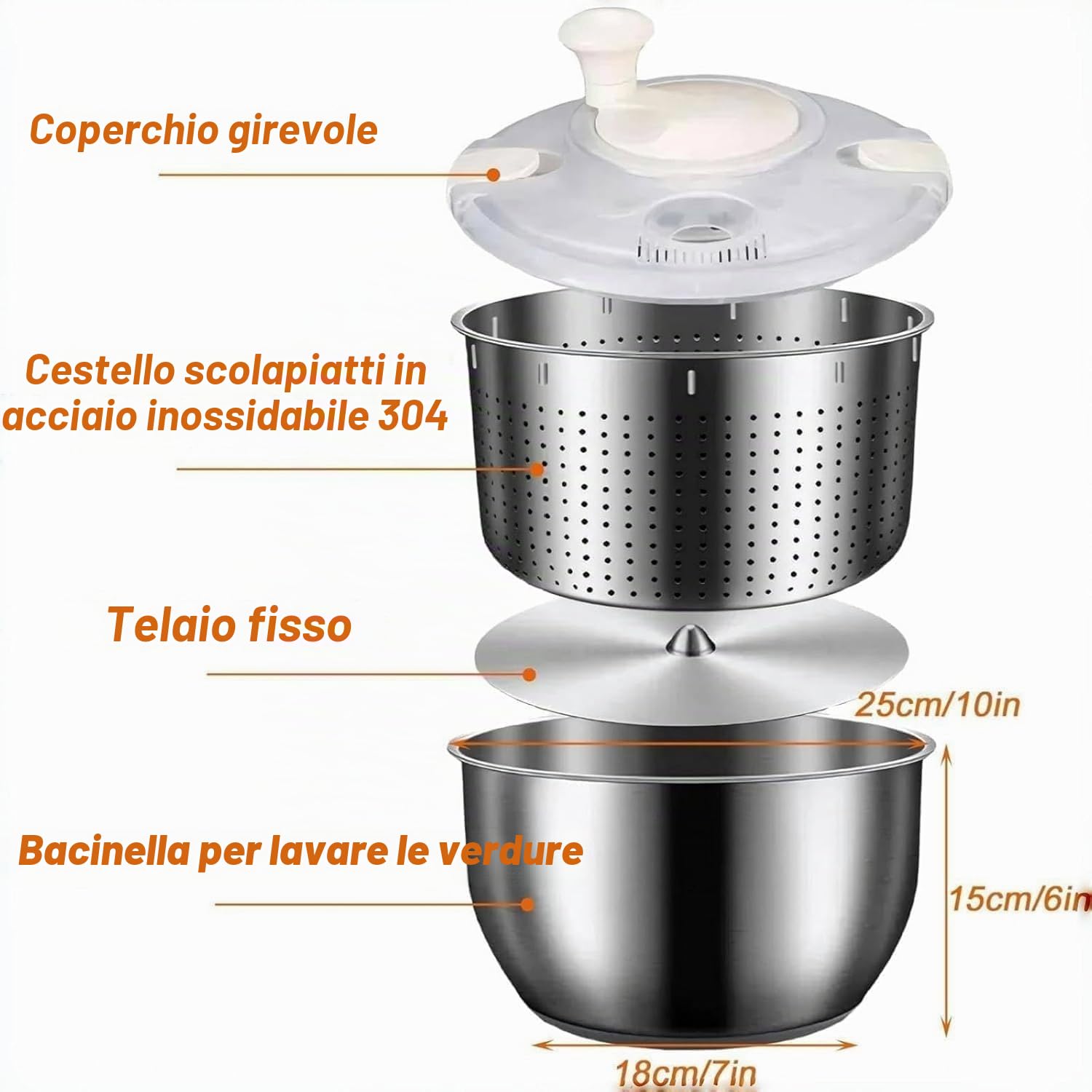 Centrifuga per insalata in acciaio inox da 6 l, multiuso, per frutta, verdura, scolapasta, centrifuga per insalata, centrifuga per frutta con uscita di drenaggio (A1)
